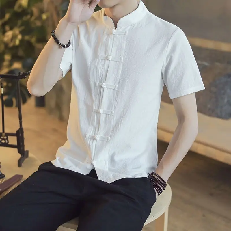 

New Chinese Style Men's Summer Linen & Cotton Short Sleeve Shirt, New Zhongshan Youth Tang Suit, Retro Hanfu Chinese Blouse