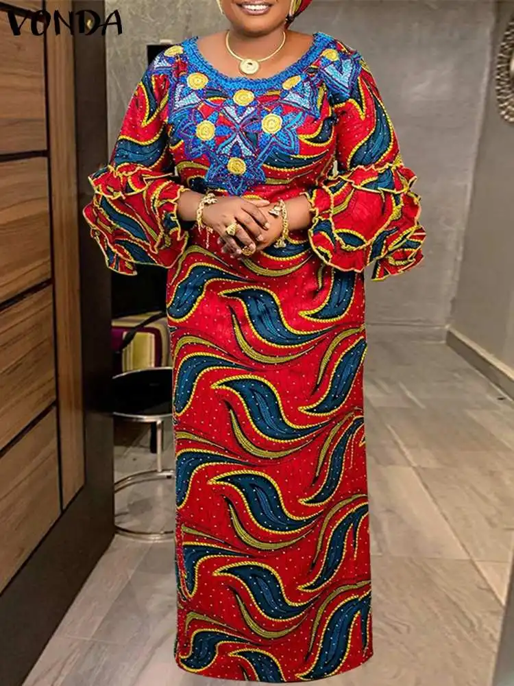 Plus Size 5XL VONDA Autumn Bohemian Women Maxi Dress Vintage Floral Printed Ruffled 3/4 Sleeve Long Sundress Casual Pleated Robe