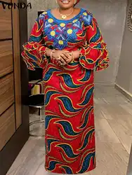 Plus Size 5XL VONDA Autumn Bohemian Women Maxi Dress Vintage Floral Printed Ruffled 3/4 Sleeve Long Sundress Casual Pleated Robe