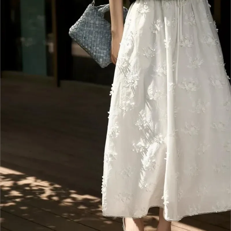 

2026 Summer New Women's 3D Floral Embroidery A-Line Midi Skirt High Waist Flowy White Skirt Elegant Casual Skirt