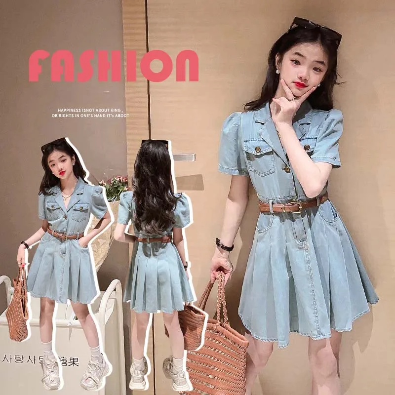 2024 Korean Summer Junior Girl Denim Dress Teenager Girl Single-breasted One-piece Dress School Girl Bubble Sleeve Pleated Dress