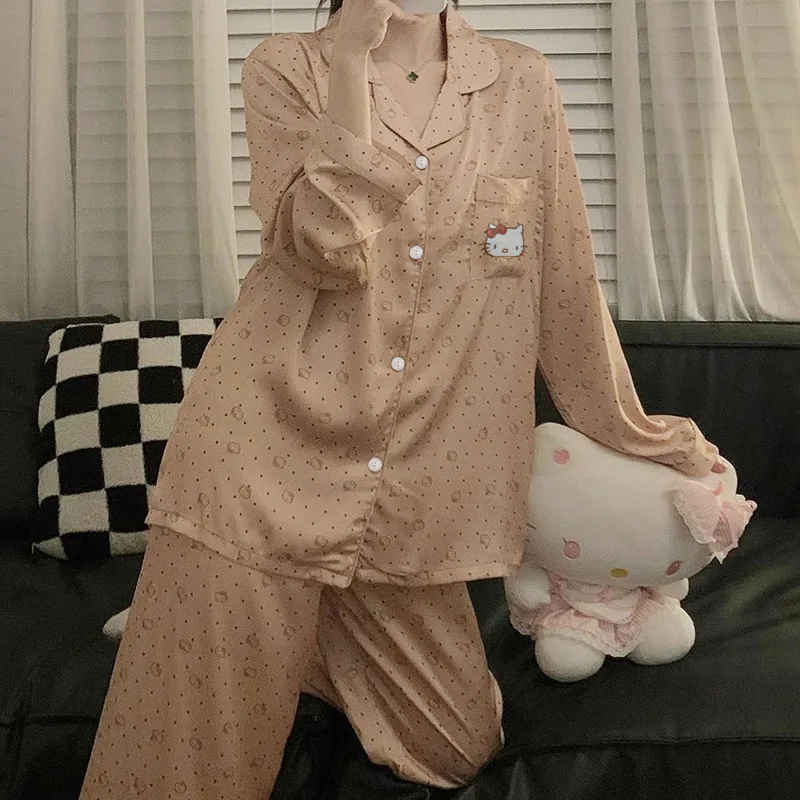 Anime Cute Sanrio Hollo Kitty Women\'s Pajamas Spring Autumn Long Sleeve Loose Casual Cartoon Print Homewear Set Gifts for Girls