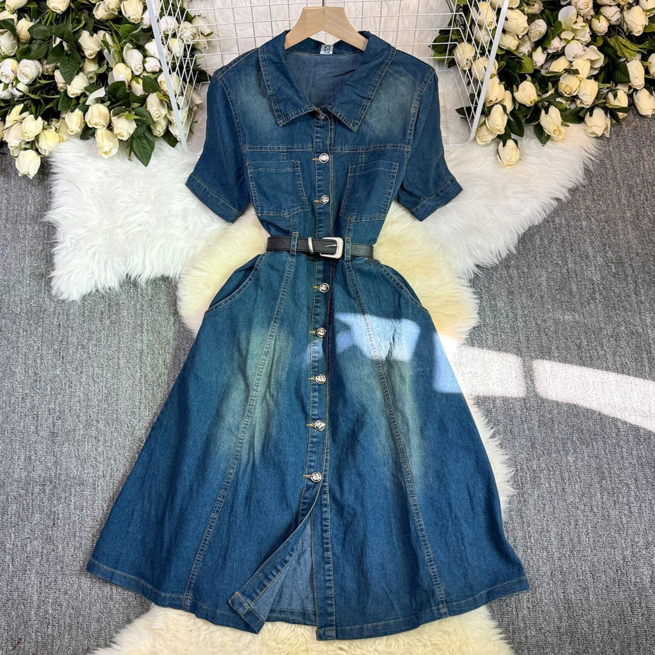 

Dress Women Denim Dresses Turn Down Collar Short Sleeve Vestidos Elegant Splice High Waist Y2k Streetwear Work Party Night 2025