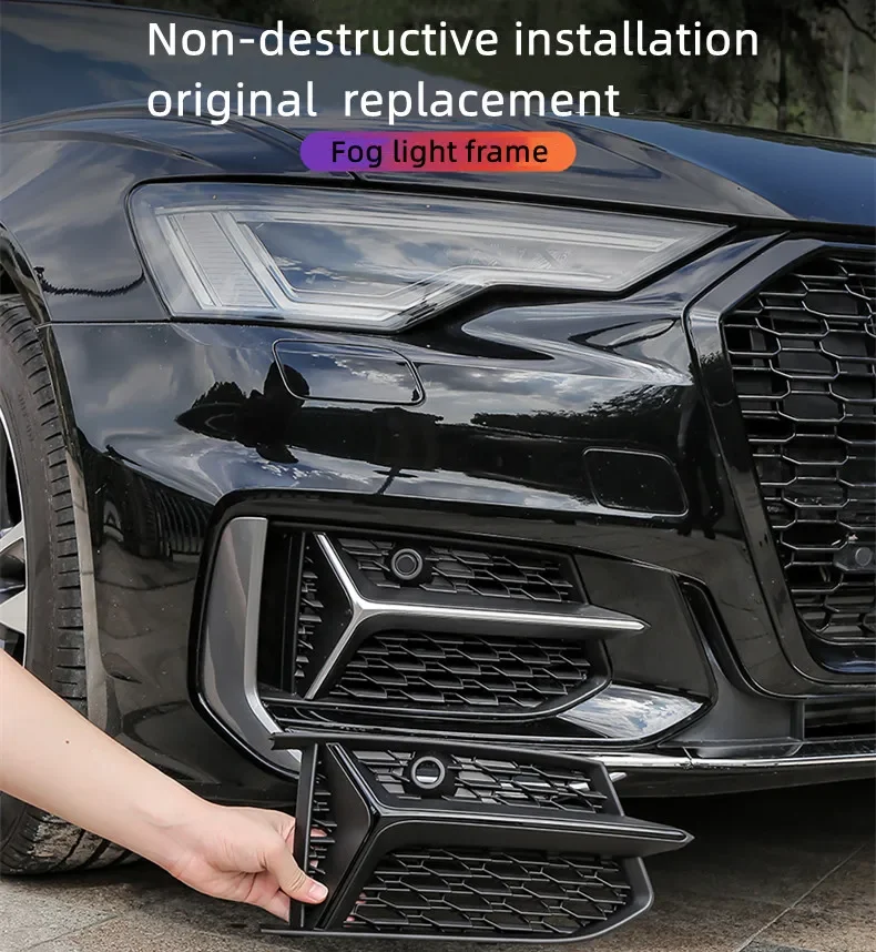 For Audi A6L RS6 19-22 C8 Black Samurai fog light frame modified front bar surrounded by honeycomb mesh fog light cover