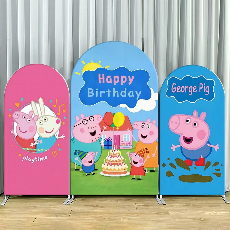 Housse de toile de fond 2D plate à arche, simple couche, en tissu non extensible, pour ensemble de fête d'anniversaire Peppa Pig avec les thèmes