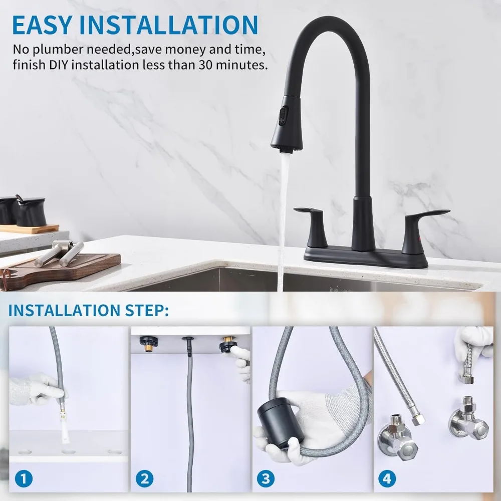 2-Handle Kitchen Faucet, 8-Inch 360° Rotating Pull-Down Sprayer (3-Hole), Centerset with Lines, Matte Black