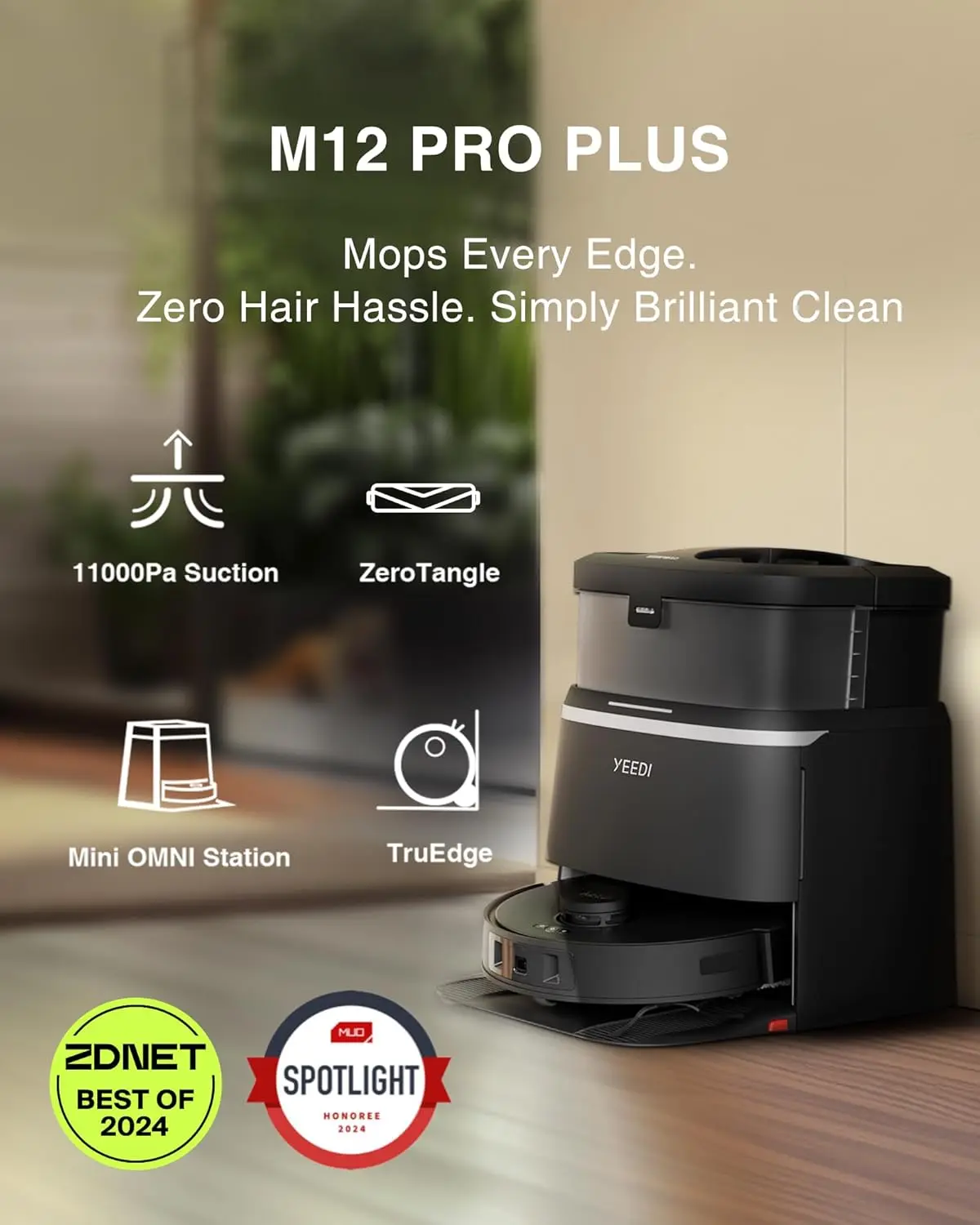 M12 PRO+ Robot Vacuum and Mop, 11000Pa Strong Suction, ZeroTangle Technology, TruEdge Deep Mopping, Auto Mop Washing/Drying