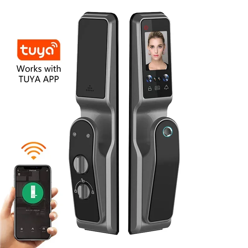 004 Tuya Wifi Fingerprint Recognition Smart Door Lock Cat Eye Automatic Face door lock with Camera Capture Function