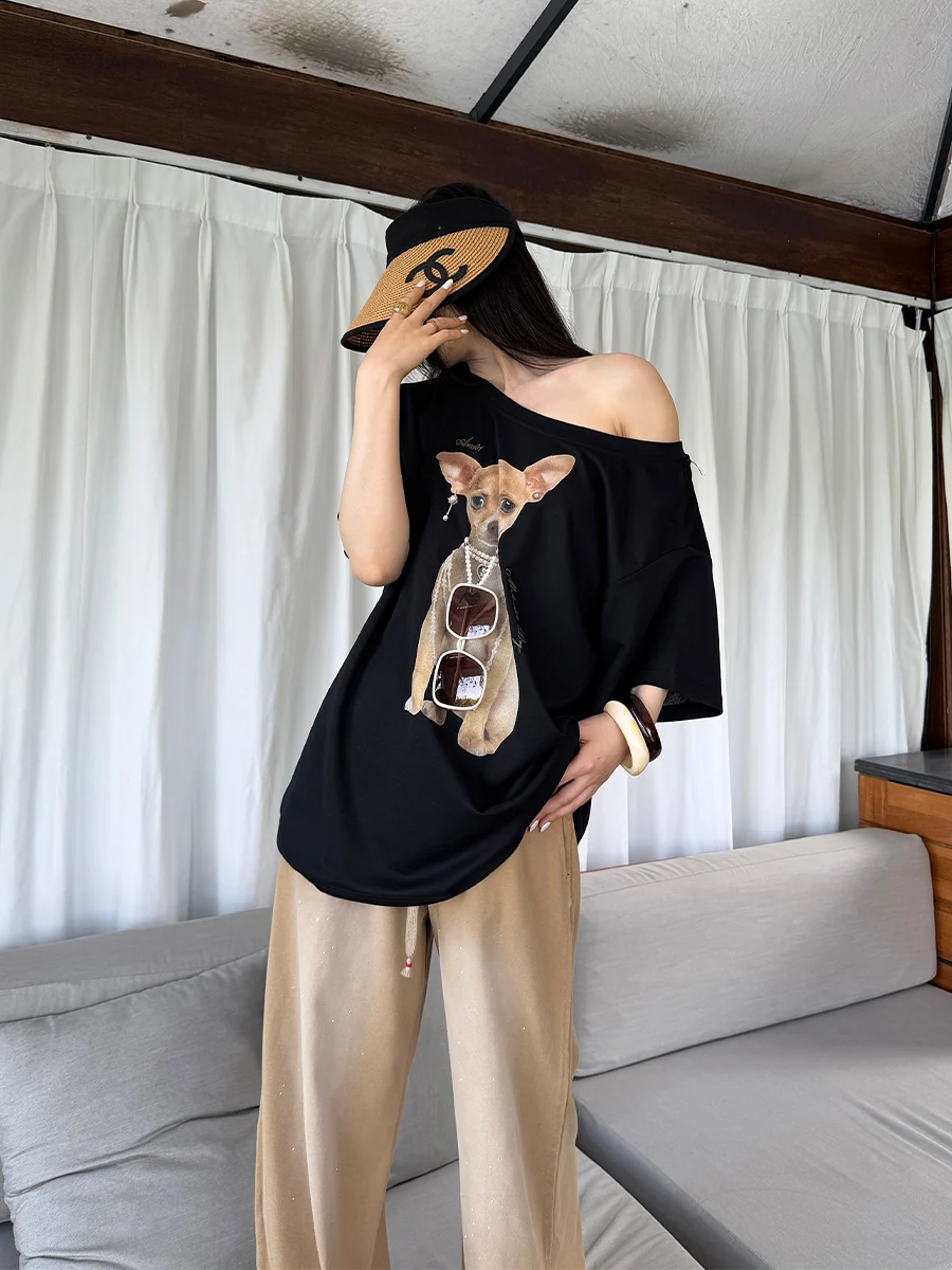 

Casual Loose Short Sleeve round Neck Dog Print T-Shirt Anti-Aging Cotton Blend Women's Summer Top High Waist Design PAPERLLL