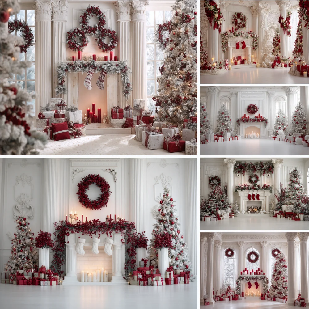 

Christmas Vintage Fireplace Garland Photography Backdrop Christmas Eve Party Gifts Xmas Tree Luxury Background