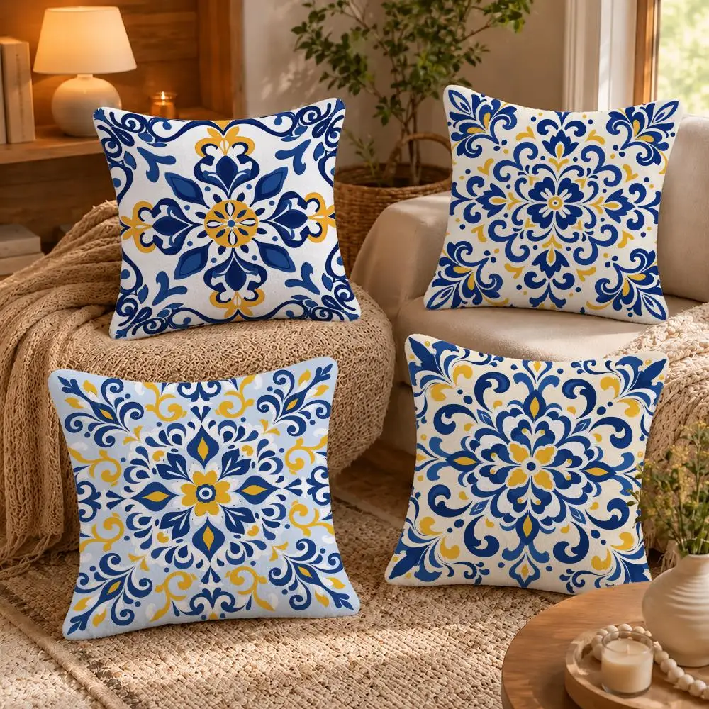 Pattern Portuguese Azulejo Style Cushion Cover Short-Plush Cushion Cover Pillowcase — Suitable for Sofas Bedrooms and Home Decor