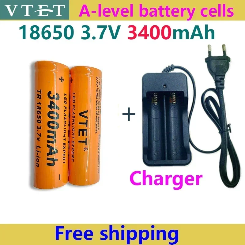 18650 Battery Rechargeable Battery 3.7V 18650 3400mAh Capacity Li-ion Rechargeable Battery for Flashlight Torch Battery+Charger