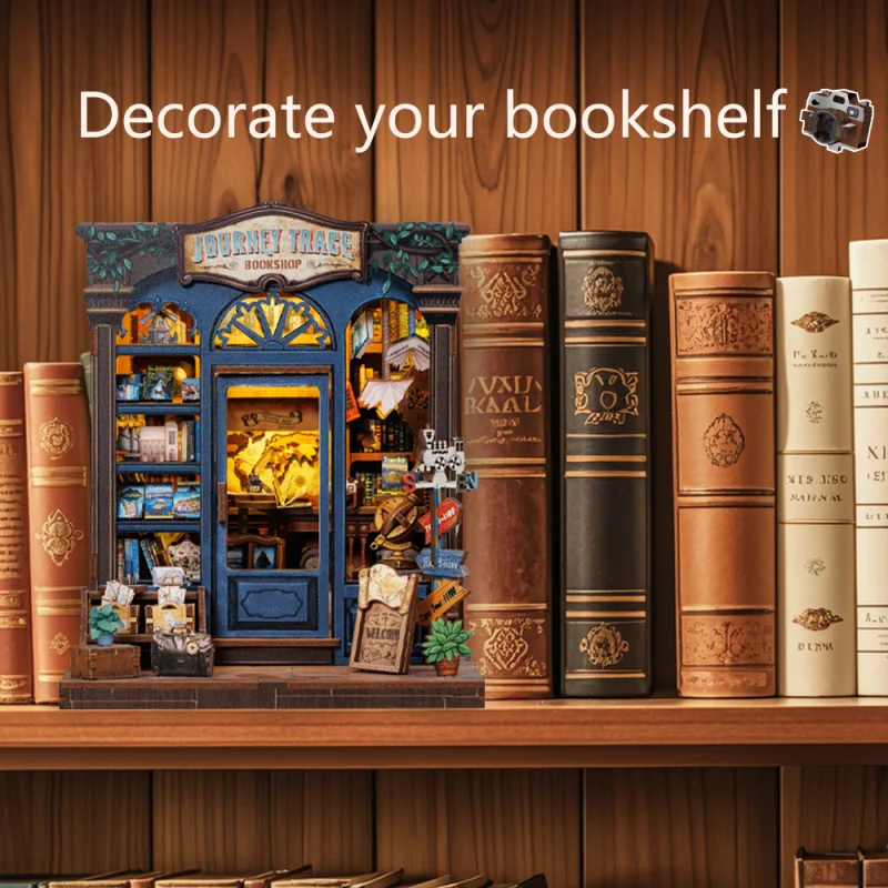 CUTEBEE DIY Booknook Kit Miniature Dollhouse with Light Bookshelf Insert Home Decor Wooden 3D Puzzle for Journey Trace Bookshop
