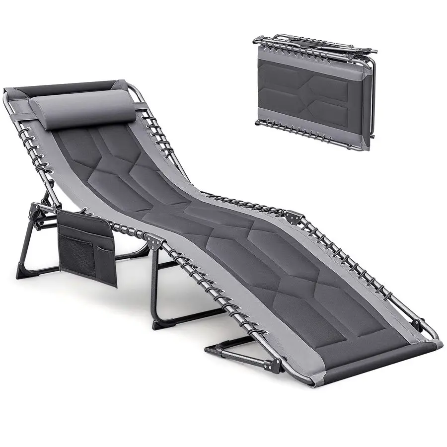 

4-кратное мягкое портативное складное уличное шезлонг, сверхмощное кресло с откидной спинкой и боковым карманом на подушке для патио, пляжа, бассейна,