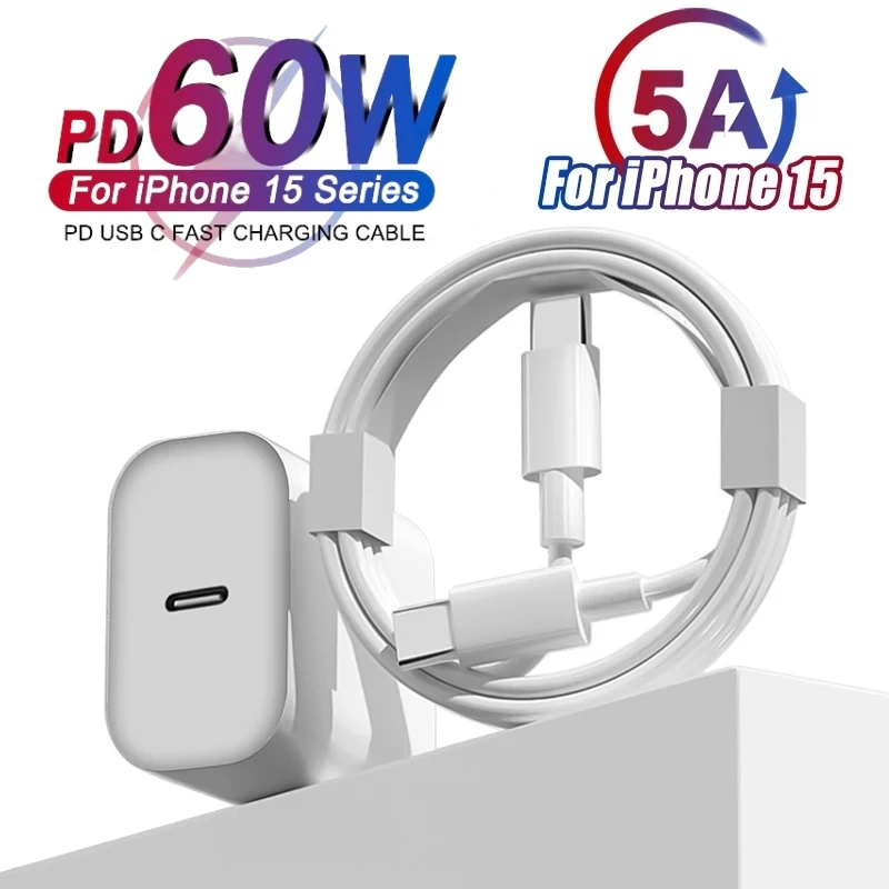 65W USB C PD Fast EU US Wall Charger for iPhone 15 Pro Max 15 Plus USB-C to Type-C Quick Charging Cable 1m C to C Cord