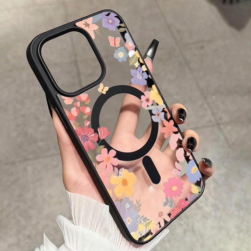 Spring Small Flowers Print For Magsafe Wireless Charging Phone Case For 17 Pro Max 16 Pro 15 14 13 12 11 Pro Plus Air PC Cover