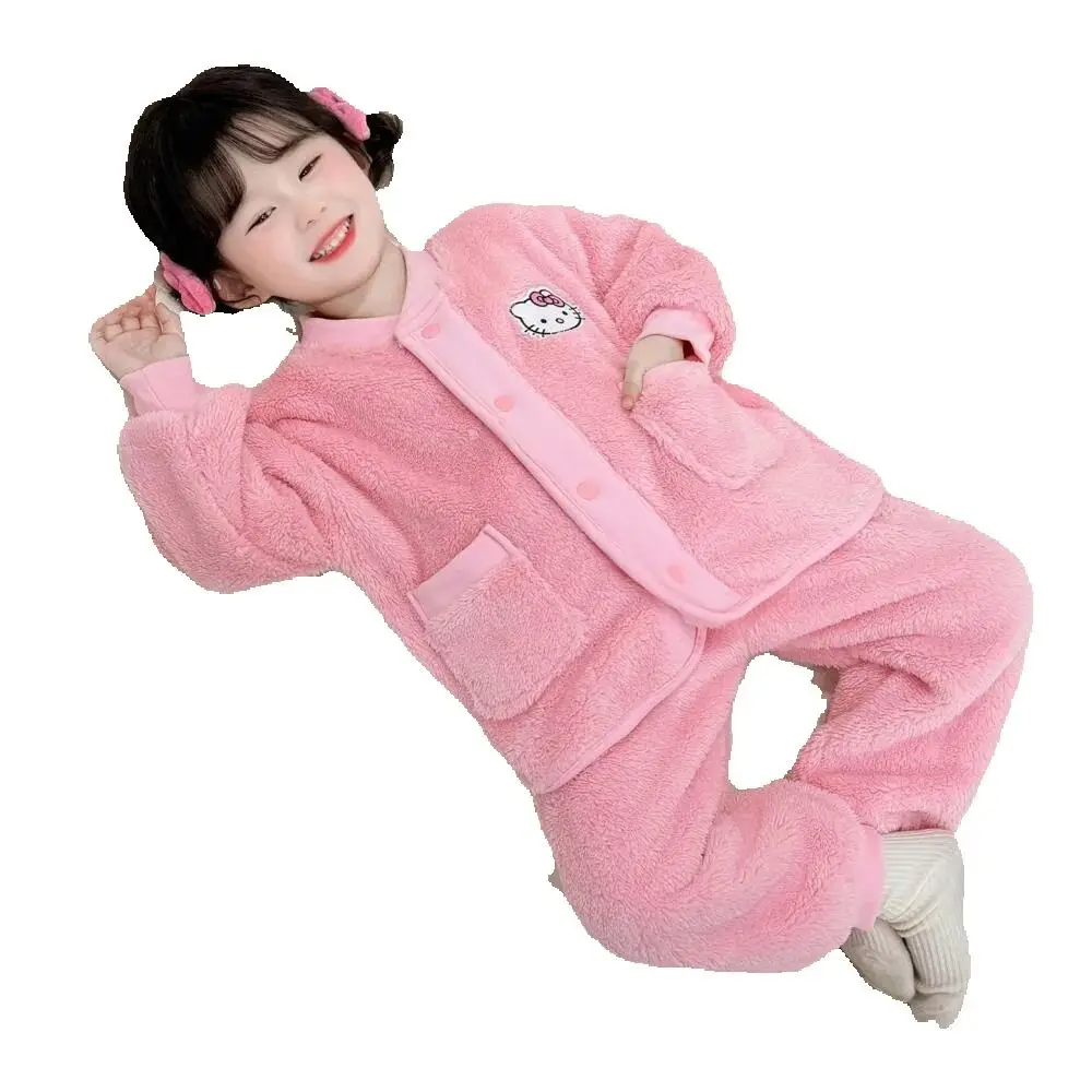 

Sanrio удобная одежда для сна Hello Kitty, зимние детские фланелевые пижамы для маленьких детей, бархатный комплект домашней одежды кораллового цвета для девочек