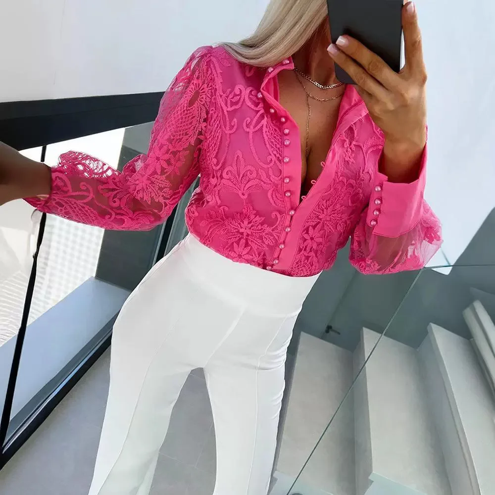 Perle Decor Top in pizzo abbottonato donna Y2k elegante bianco Blouese primavera estate camicia camicie in cotone rosa rosso Streetwear Top da lavoro