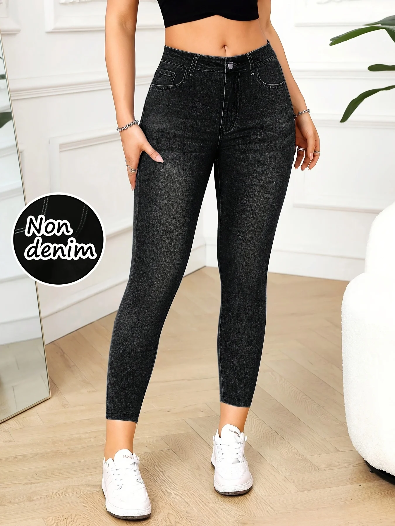High Waist Non Denim Faux Denim Capri Leggings Women Soft Stretch Fake Pocket Butt Lift Skinny Cropped Yoga Casual Jeggings