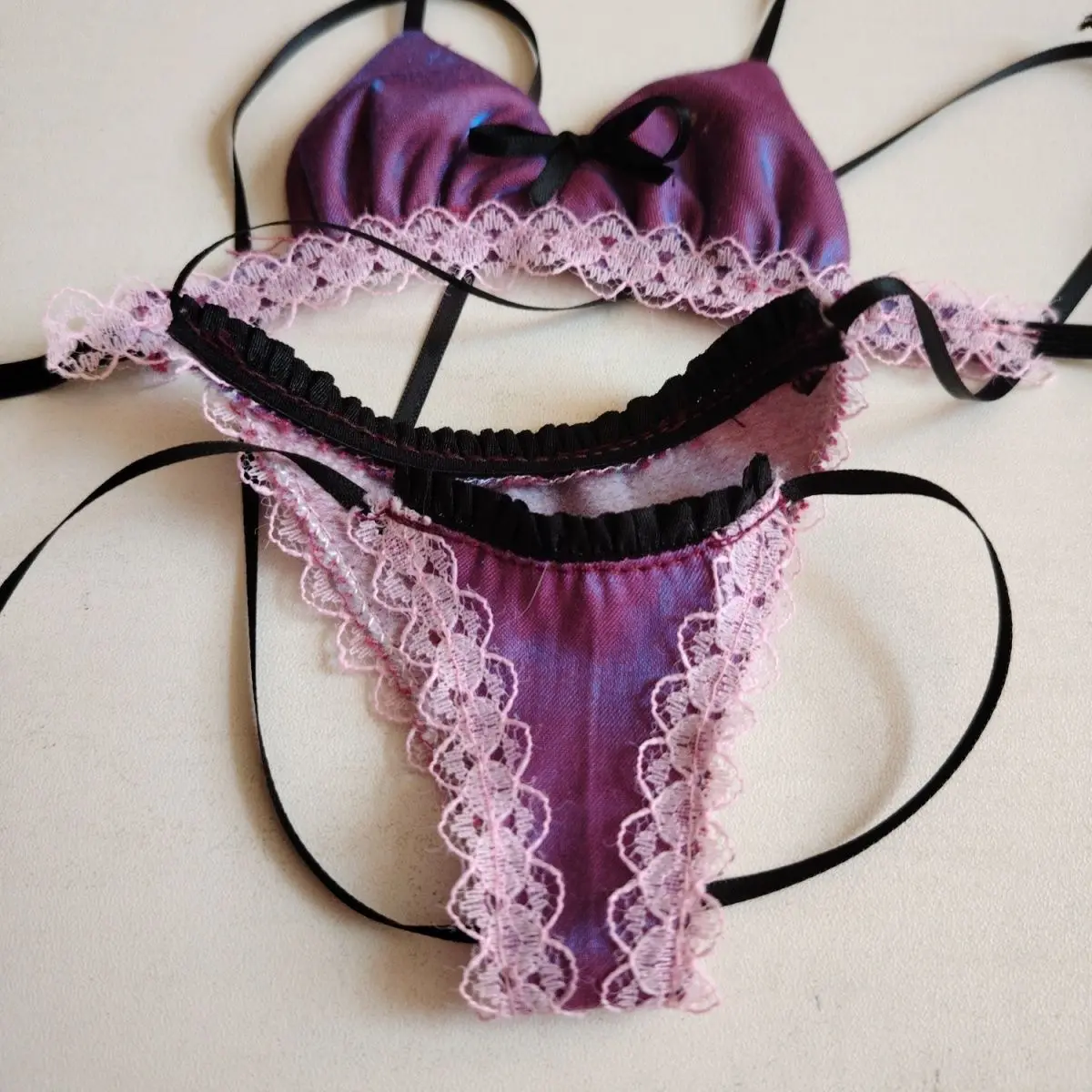 Kawaii Ribbon Bow Lace Bikini for 1/3 1/4 Bjd Doll Fit Large Bust 1/4 Doll, Soft Satin Mini Swim Lingerie Doll Photography Props