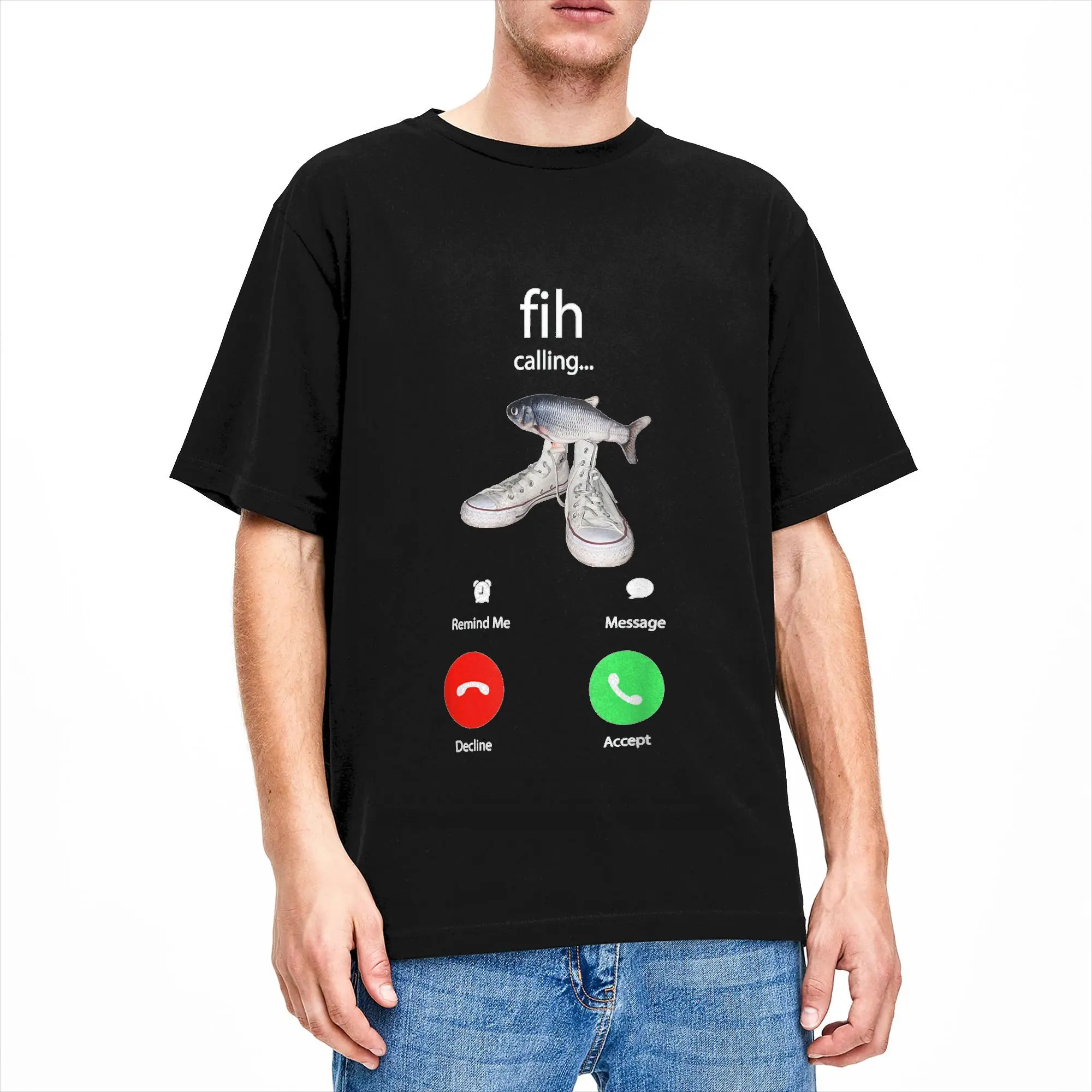 Funny Fish Fih with Shoes is Calling Trendy T Shirts Men's  Cotton Funny T-Shirts O Neck  Tees Short Sleeve Tops Plus Size