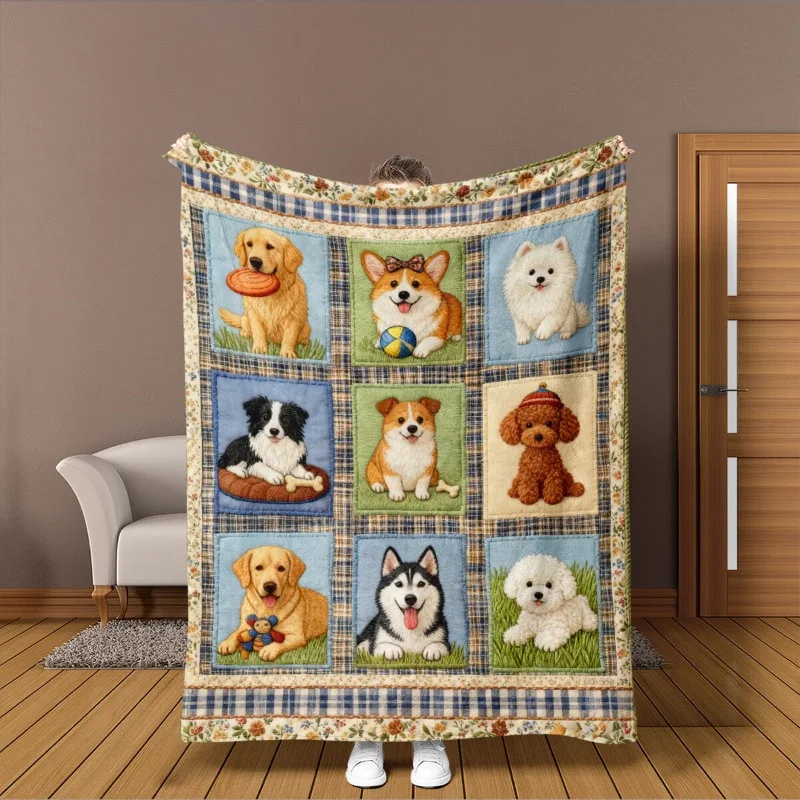 Pastorale Hundespieldecke. Weiche, warme und bequeme Decke mit goldenem Haar-Corgi und anderen Hundespielelementen