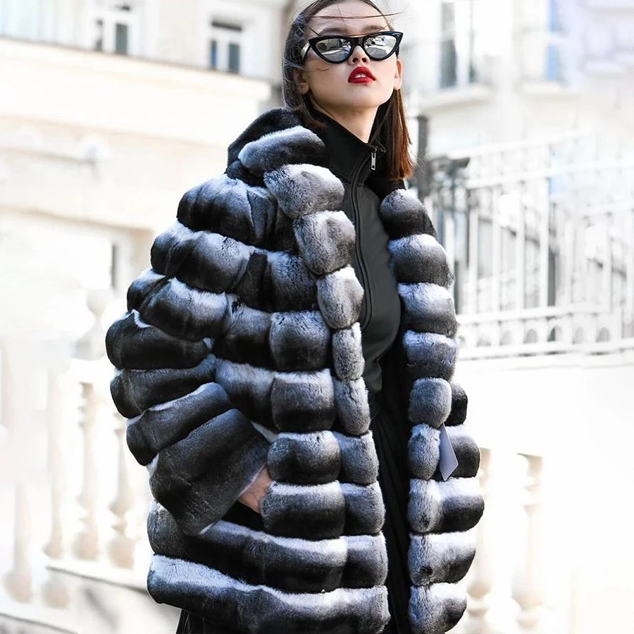 Women's Real Chinchilla Rex Rabbit Fur Coat Warm Winter Rabbit Fur Coat Fashion Luxury Clothes Women Fur Jacket