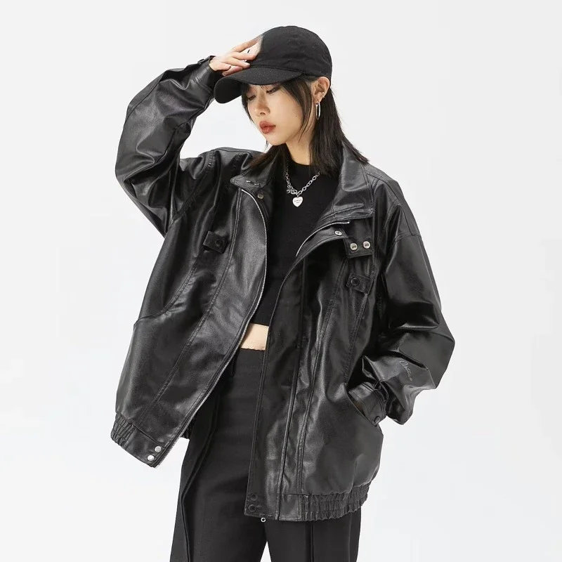 Vintage Women\'s Leather Jacket Oversize Korean Style Streetwear Moto Biker Zipper Jackets Gothic Casual Windbreaker