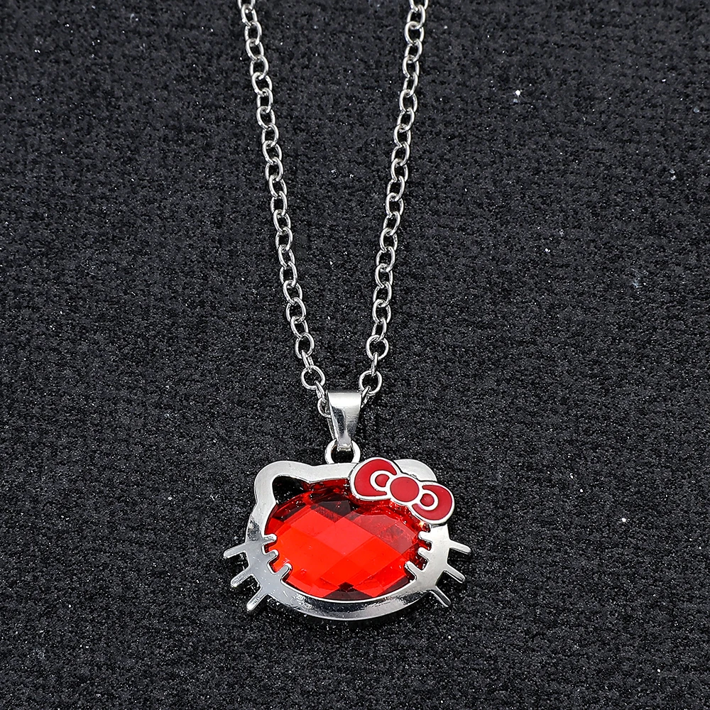 Hello Kitty Anime Cartoon Figure Necklace Cute Ruby Cat Head Charm Clavicle Chain Gift for Friends Birthday