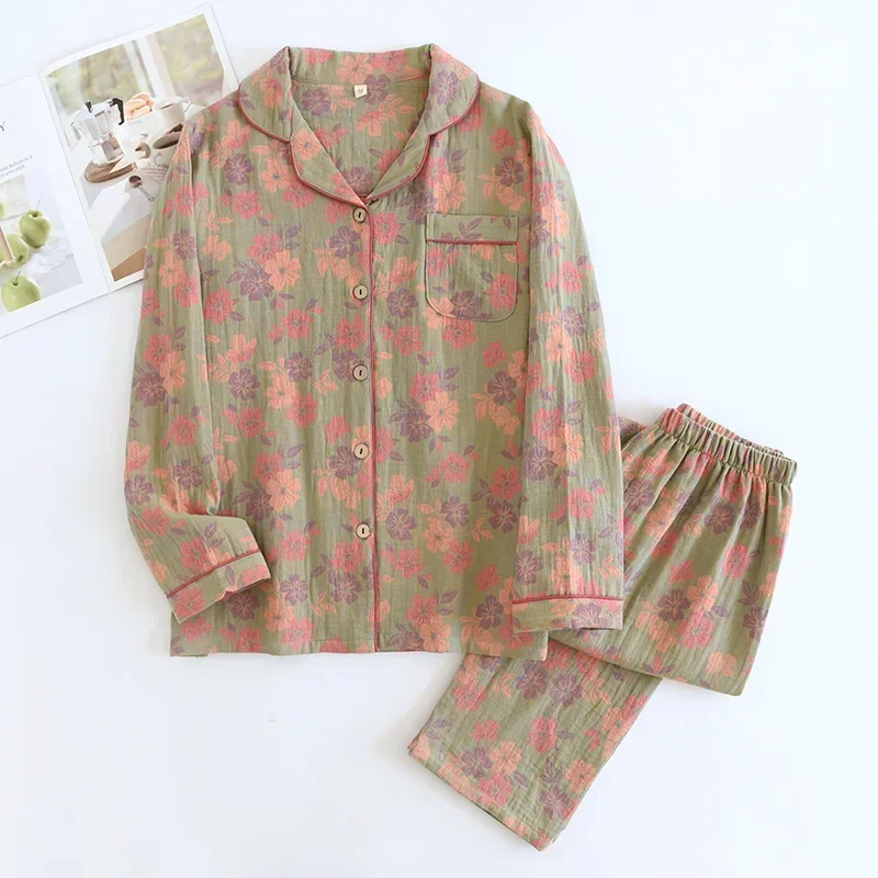 2026 New Spring and Autumn Women\'s Pajama Set 100% Cotton Jacquard Collar Flower Long Sleeve Long Pants Two Piece Home Clothes