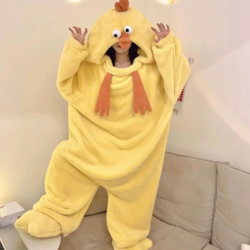 

Jumpsuits Cartoon Chicken Pajamas Long Sleeve Home Wear Little Yellow Chicken Pajamas Funny Warm Coral Fleece Nightwear Girl