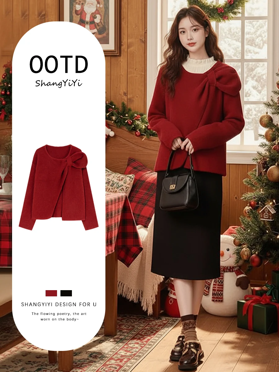 

Осенне-зимний вязаный свитер, женский новый 2025 Sle, Хэллоуин, майки, новогодний красный чай, мояный повседневный трикотаж