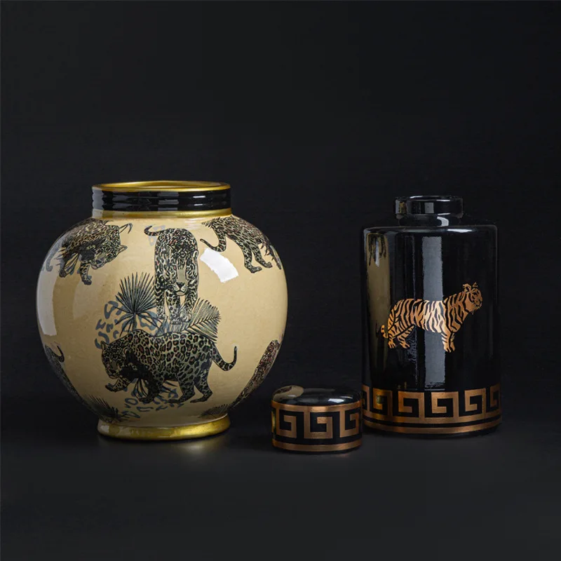 American Sle Cerc Hand-Painted 'Tiger Rose' Storage Jar Display Piece Flower Vase Large Belly Flower Pot Home Decor