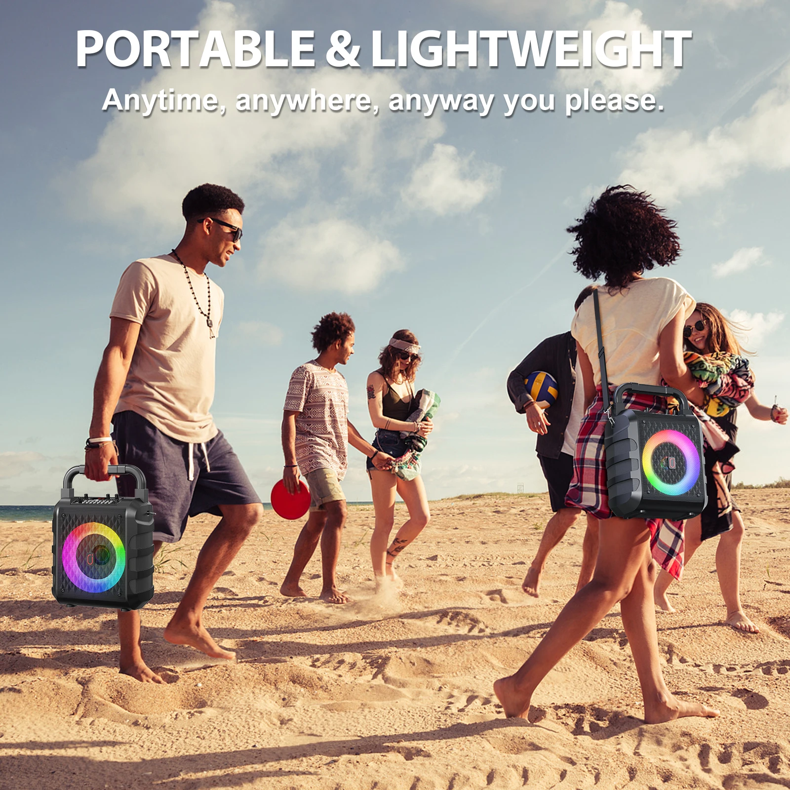 Bluetooth-karaokemachine, karaokesysteem voor thuis met 2 draadloze microfoons, draagbare feestluidspreker met LED-licht