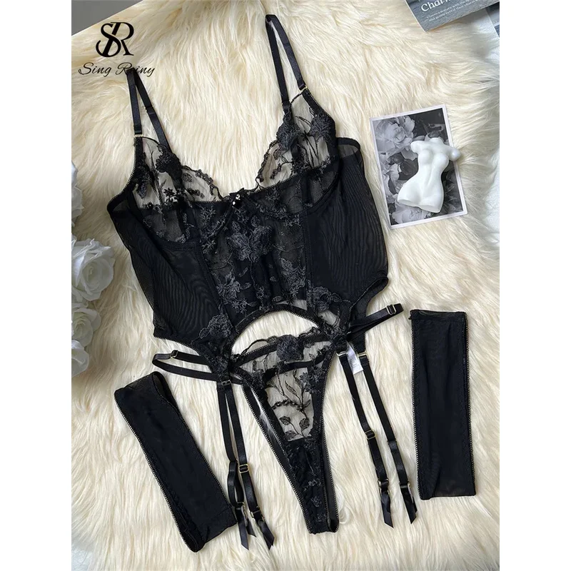 SINGREINY Gauze Sheer Slim Erotic Bra&Brief Sets Fashion Embroidery Club Sleepwear Female Prono Transparent Sexy Underwear Suits