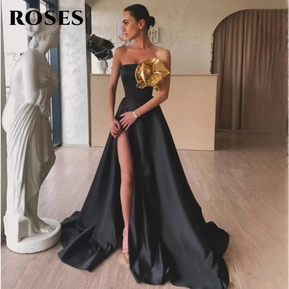 ROSES Black Satin Party Dress Chic Grand Strapless Night Dress with 3D-Flowers A-Line Sleeveless Wedding Prom Dress Customized