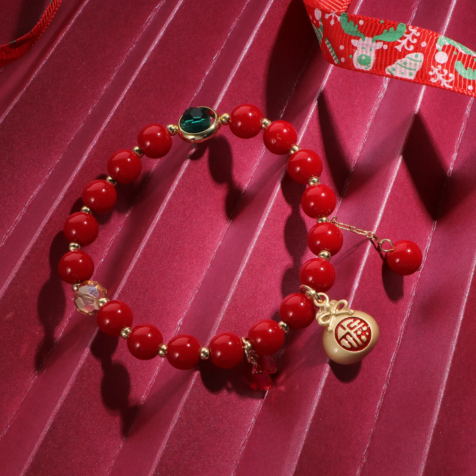2Pcs Lucky Red Stone Bracelet Set Simple Elegant Beads Wrist Band for Women Gift Idea New Year Festival Employee Welfare