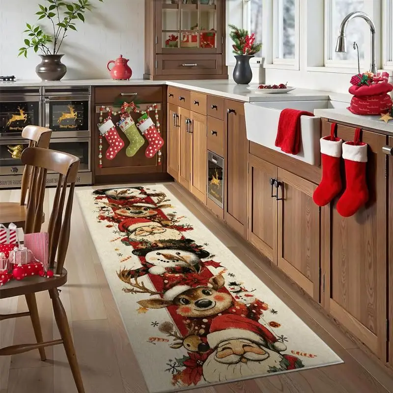 VIKAMA Christmas Runner Rug Santa Claus Snowman Reindeer Print Long Carpet For Hallway Kitchen Bedroom Xmas Holiday Home Decor