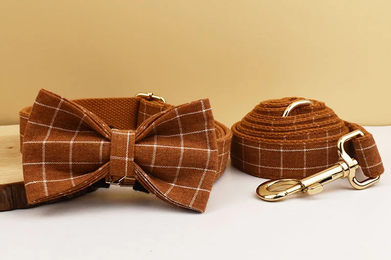 Kariertes Hundehalsband Designer mit Fliege Maßgefertigtes Hundezubehör Luxus-Haustierhalsband und Leinenset – Detail 6