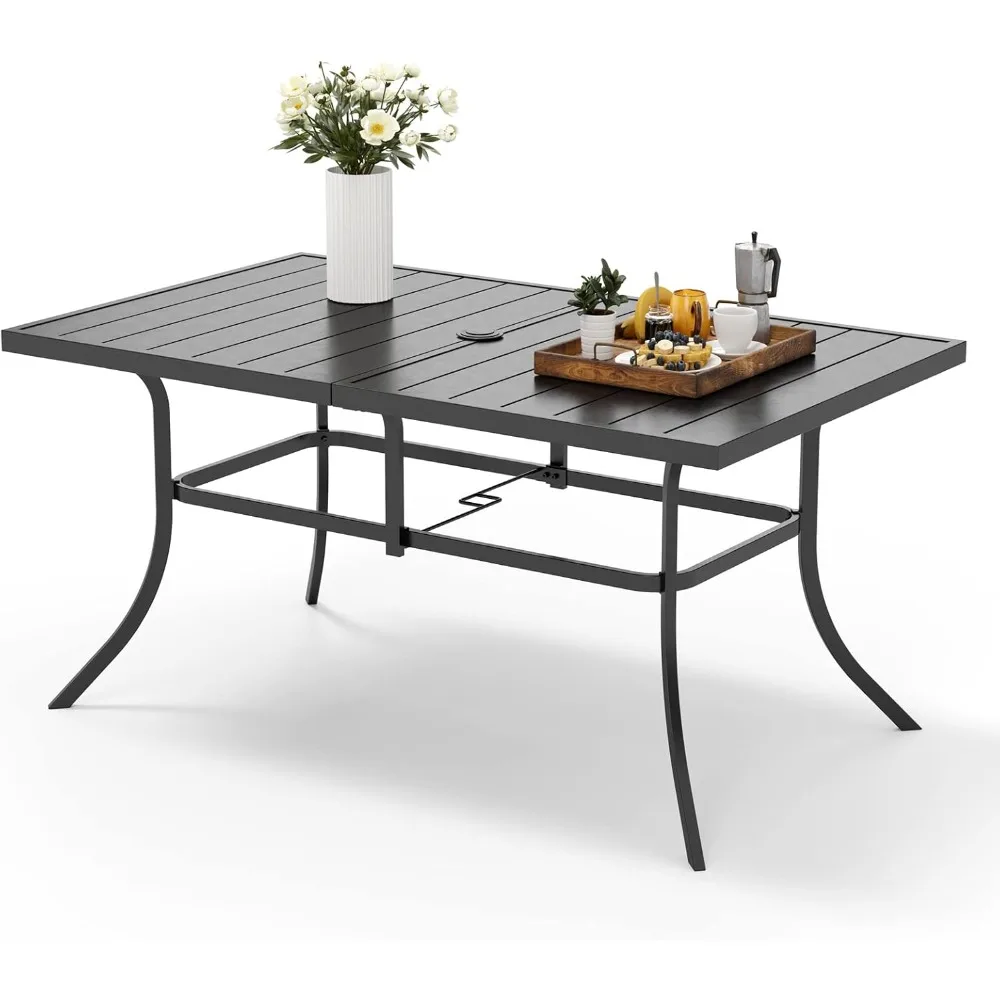 Outdoor Patio Dining Table for 6, Rectangle Weather Resistant Metal Patio Table with Adjustable Umbrella Hole, Black