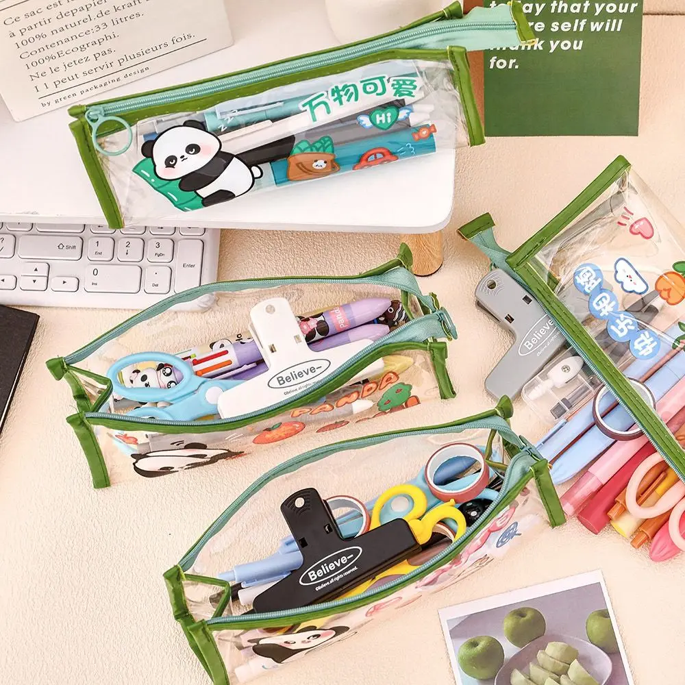 Simple Green Pen Bag PVC Stationery Pencil Case Large Capacity Learning Supplies Pen Storage Bag Gift