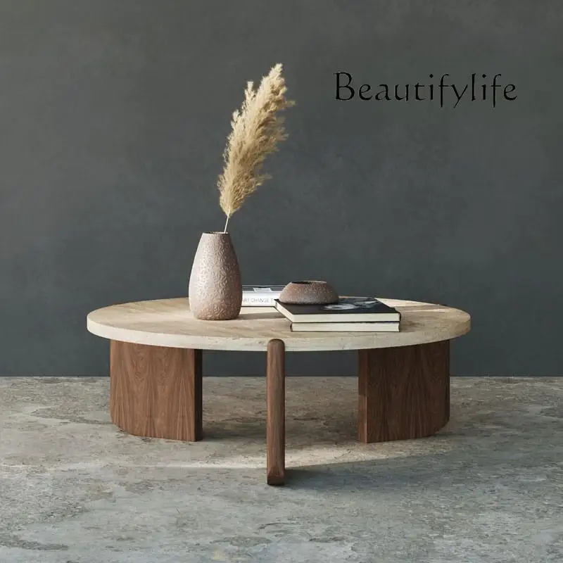 

BJ Japanese-style Modern Minimalist Designer High-end Marble Terrazzo Round Coffee Table Solid Wood Combination