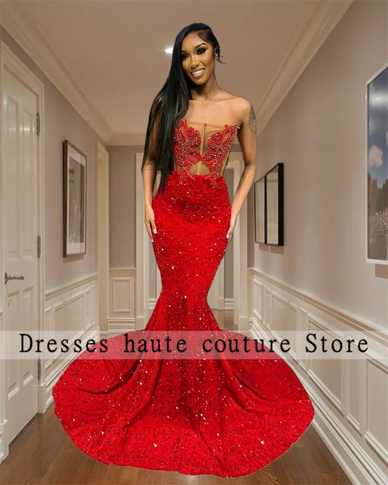 Red Sequin Mermaid Prom Dresses 2024 For Black Girls Sparkly Beaded Appliques Sheer Mesh Birthday Party Evening Gown