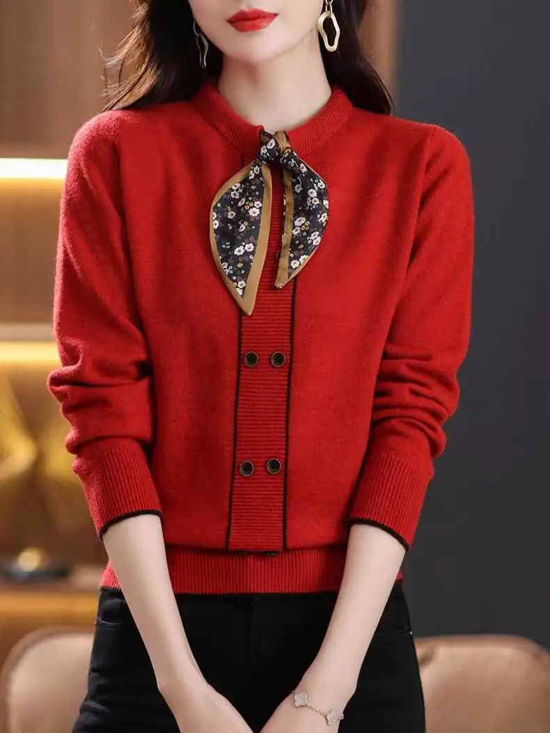 Malhas Es Fenas com Design de Gola Alta e Faixa, Lenço de Seda, Camada Base Quente e Faion para Outono e Inverno...