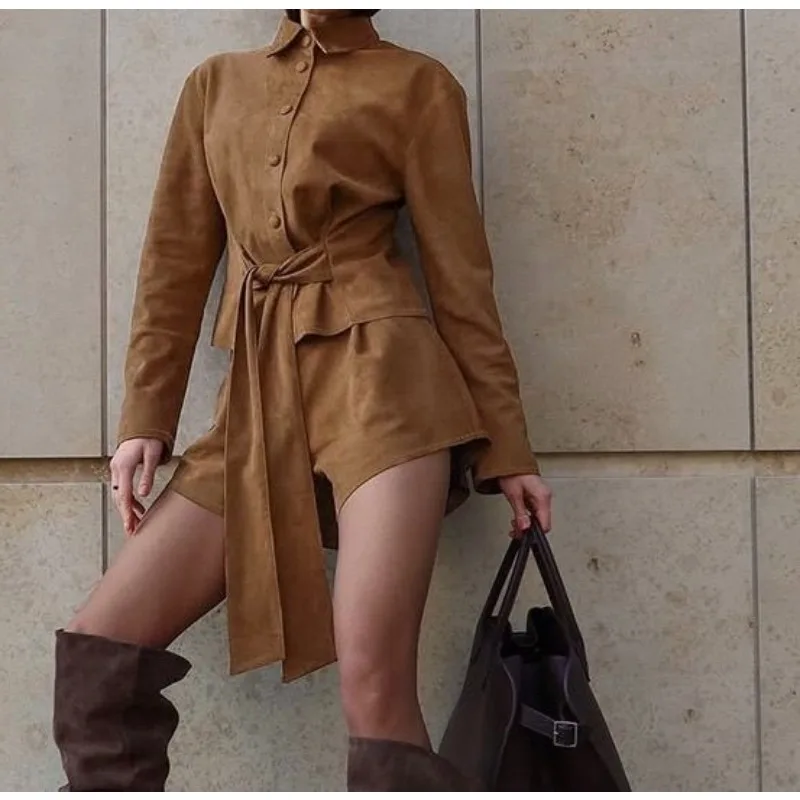 

Autumn and Winter Fashion Casual Suit Suede Long-sleeved Shirt Strappy Shorts Temperament Retro Commuter Design Suit
