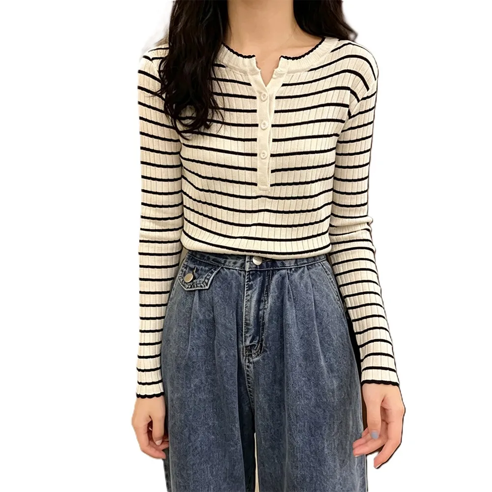 Long Sleeve Knit T Shirt for Women Color Block For Stripe Polyester For Top for Vacation Holiday Office and Cycling