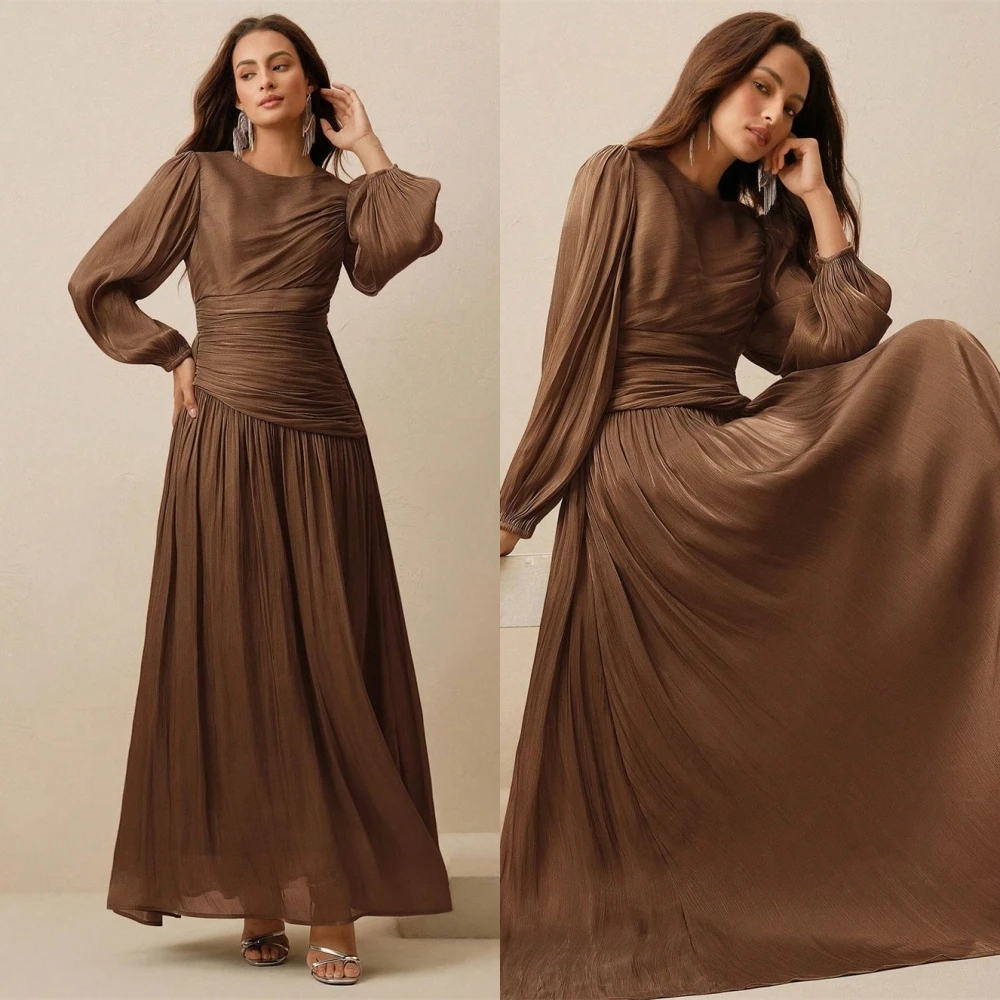 Personalizado delicado marrom chiffon vestido de noite temperamento tripulação pescoço mangas compridas zíper voltar vestidos de ocasião especial