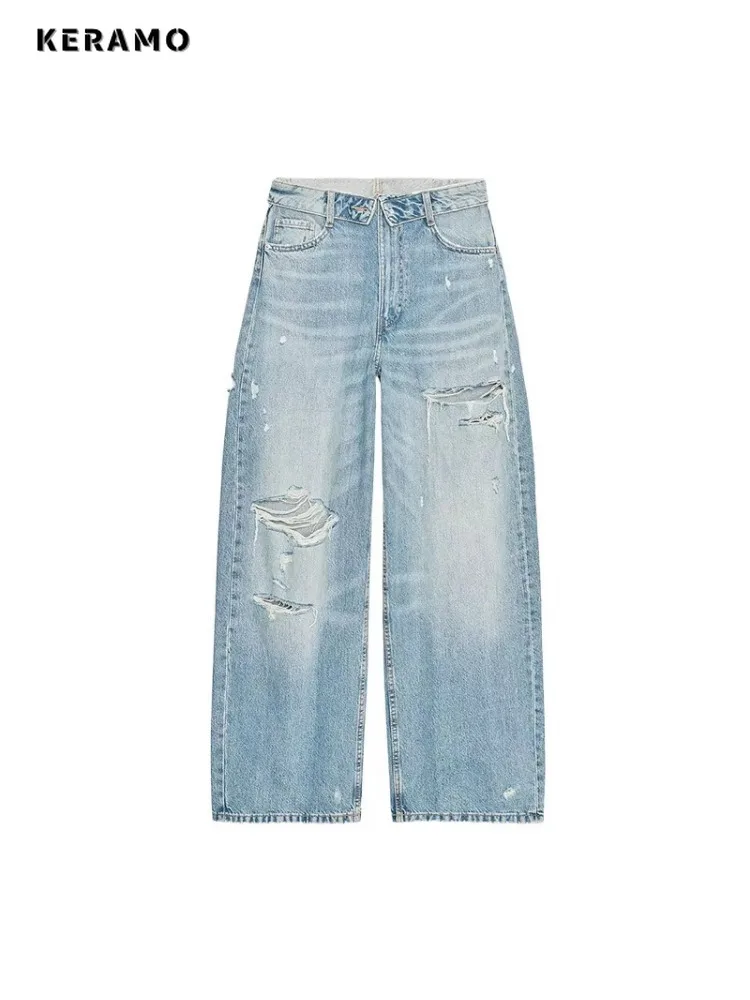 Jean ample bleu Vintage pour femme, pantalon en détresse, Kpop Y2K, dommages Emo, jambes larges, déchiré, Harajuku, hiver 2025