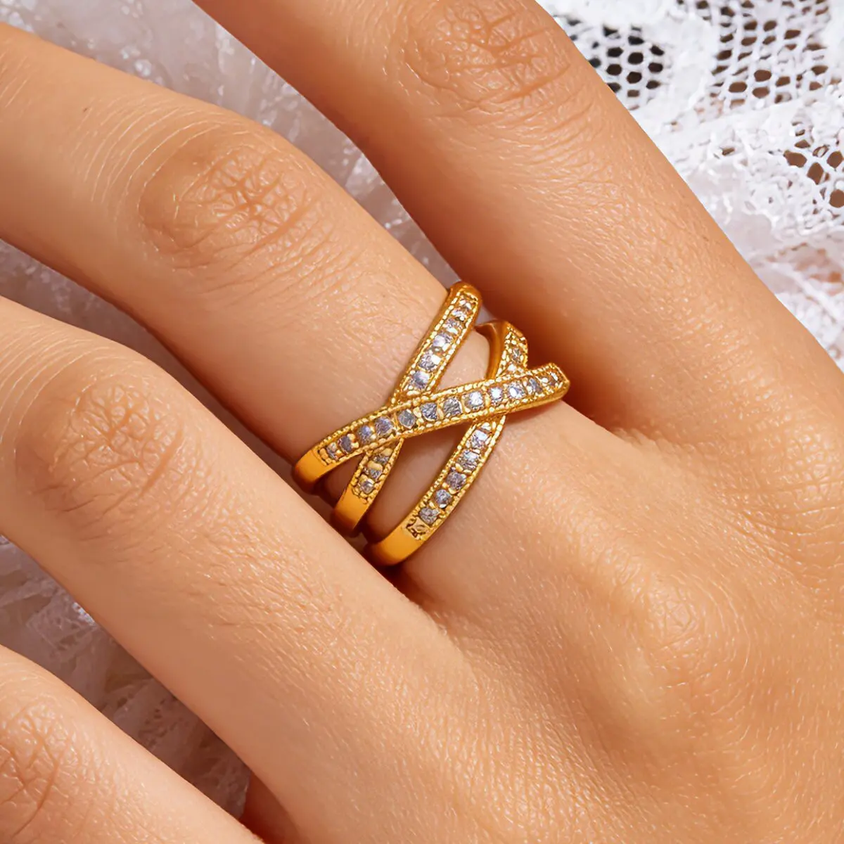 Fashion Vintage Zircon Cross Open Rings For Women Gold Color Double Cross Ring Religion Christian Jewelry Communion Gift