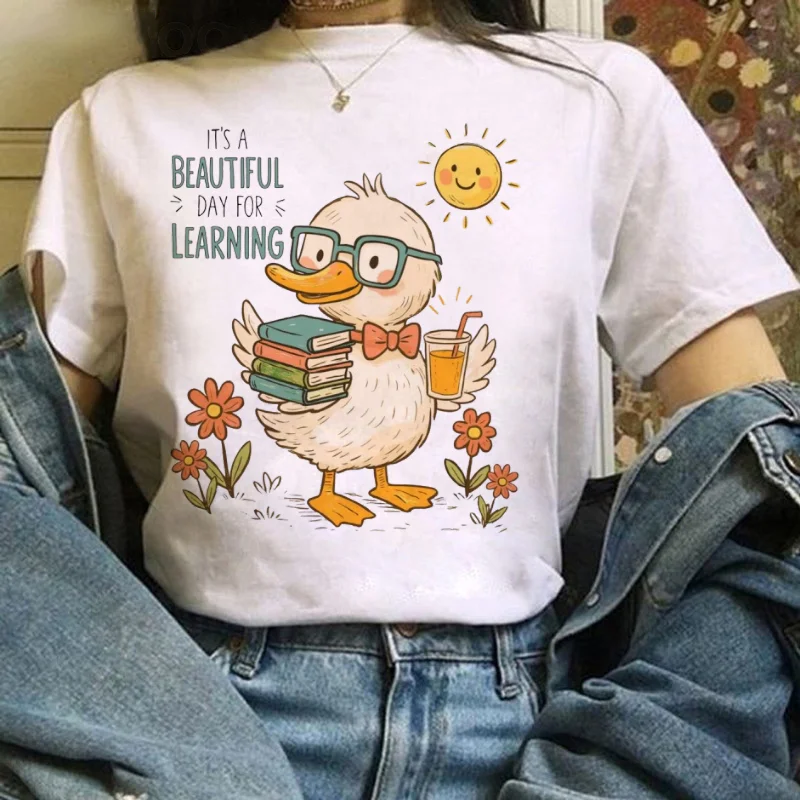 Book Pattern Women's Cute Duck Print Short Sleeved Cartoon O-Neck Versatile Top T-Shirt Summer Women's Casual Simple T-Shirt